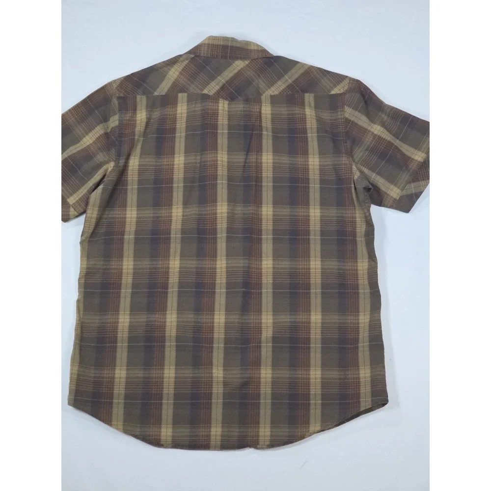 Banana Republic Western Shirt Mens M Brown Plaid Pearl Snap Short Sleeve Classic